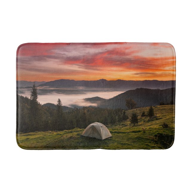 Mountains | Camping Foggy Sunrise Bath Mat (Front)