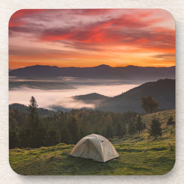 Mountains | Camping Foggy Sunrise Beverage Coaster (Front)