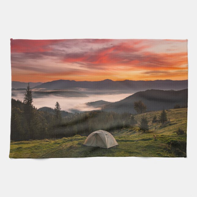 Mountains | Camping Foggy Sunrise Kitchen Towel (Horizontal)