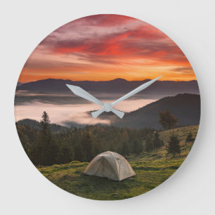Mountains Camping Foggy Sunrise Large Clock