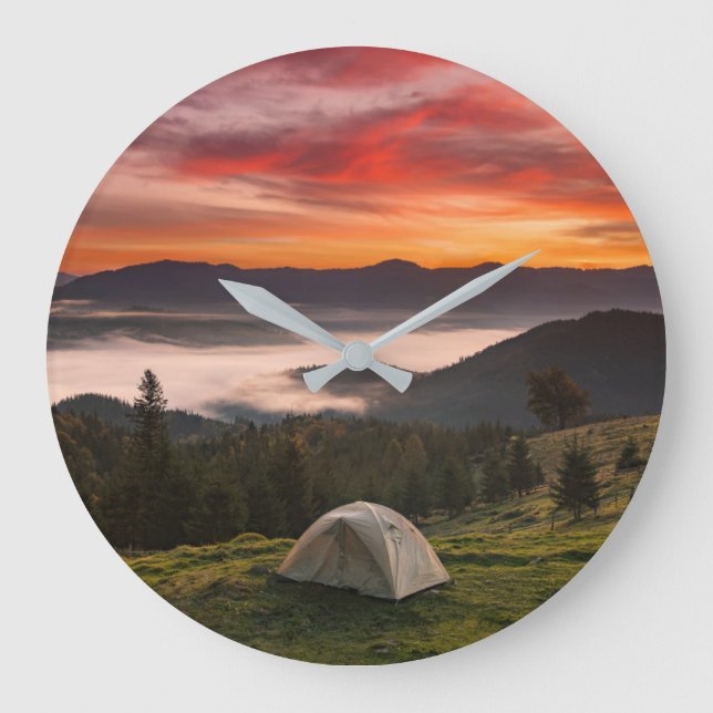 Mountains | Camping Foggy Sunrise Large Clock (Front)