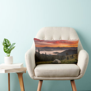 Mountains   Camping Foggy Sunrise Lumbar Pillow