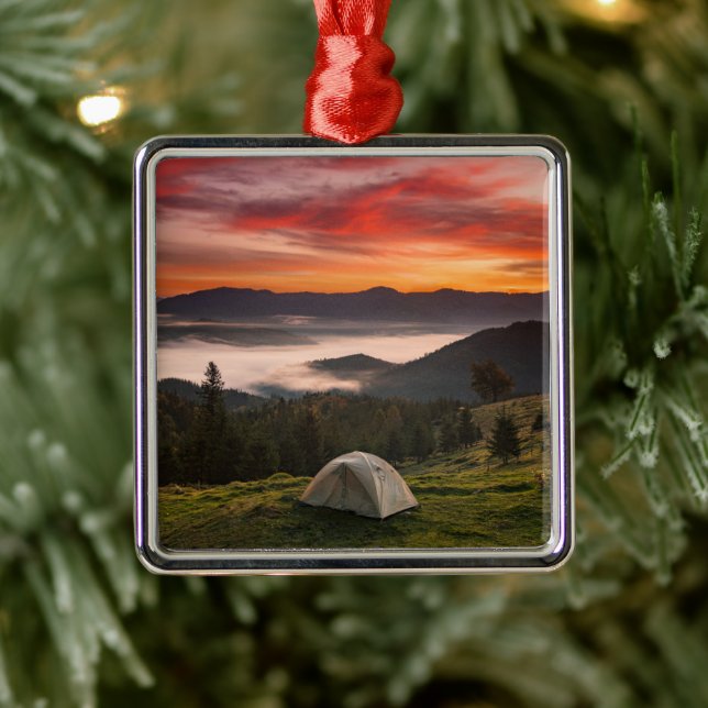 Mountains | Camping Foggy Sunrise Metal Ornament (Tree)