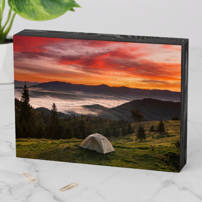 Mountains | Camping Foggy Sunrise Wooden Box Sign (In Situ Horizontal)