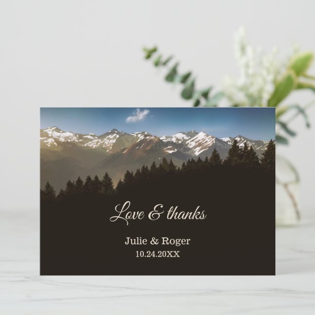 Mountains Custom Photo Wedding Thank You Card (Standing Front)