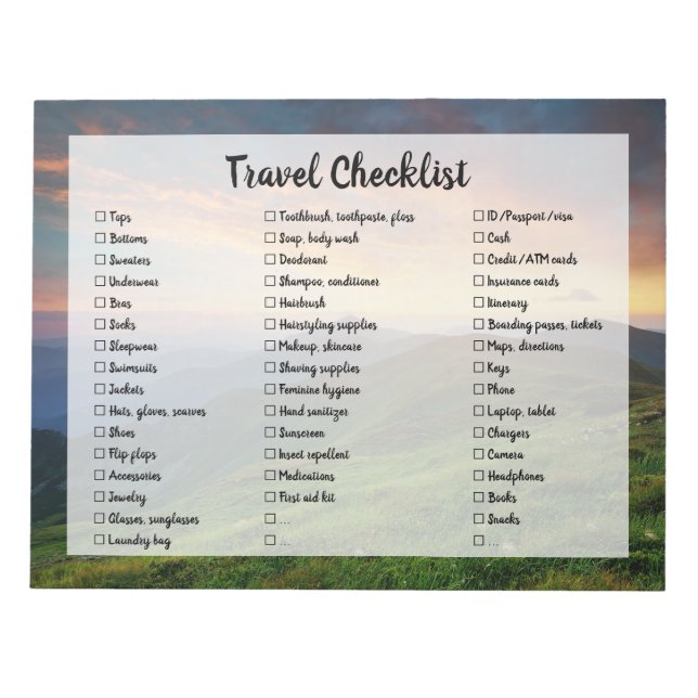 Mountains Customizable Travel Packing Checklist Notepad (Front)
