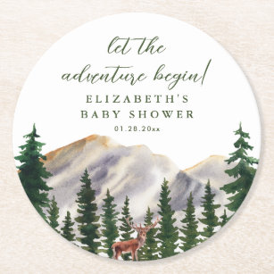 Mountains Deer Baby Shower Round Paper Coaster