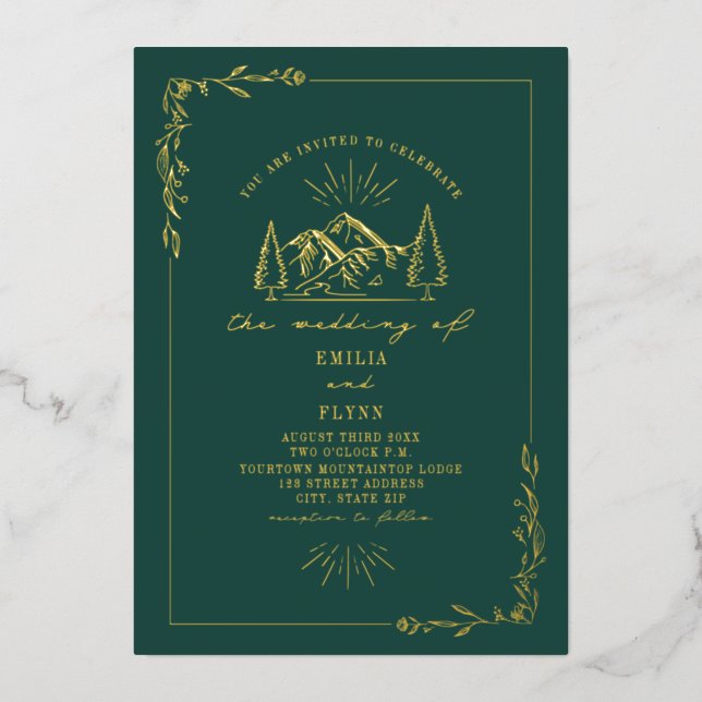 Mountains Emerald Wedding  Foil Invitation (Front)