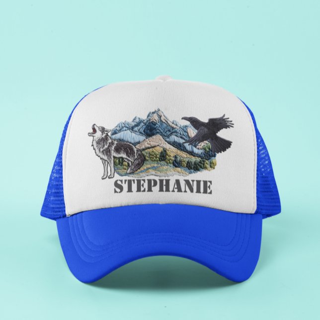 Mountains Faux Patches Wolf Raven Personalized Trucker Hat (Creator Uploaded)