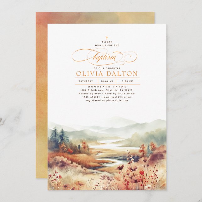 Mountains Forest Fall Nature Baptism Invitation (Front/Back)