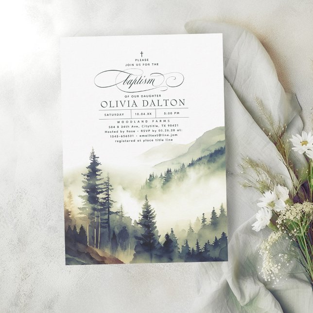 Mountains Forest Fog Evening Landscape Baptism Invitation (Creator Uploaded)