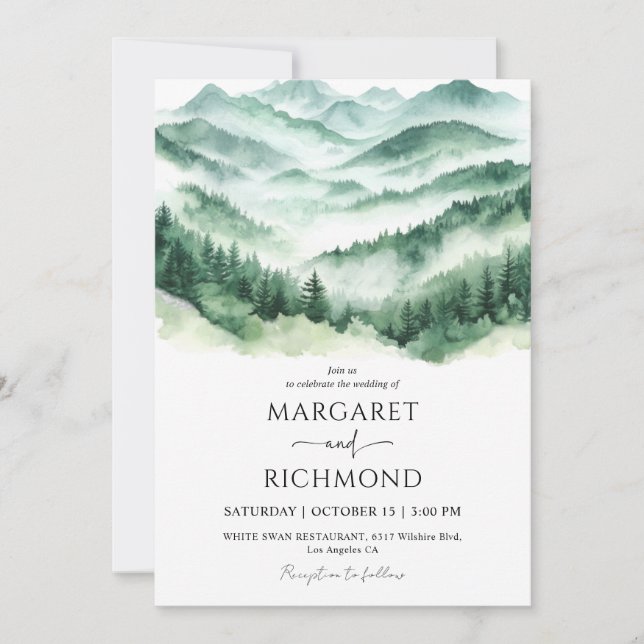 Mountains Forest Green Pine Tree Wedding Invitation (Front)