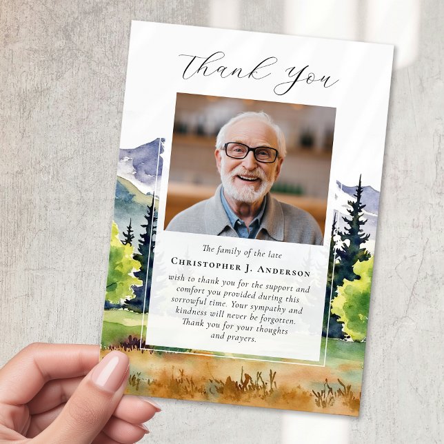 Mountains Forest Photo Sympathy Memorial Funeral Thank You Card (Creator Uploaded)