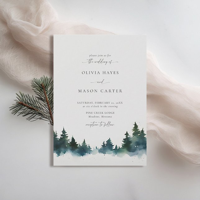 Mountains Forest Rustic Outdoor Modern Wedding Invitation (mountains wedding invitation rustic outdoors forest pine scene watercolor elegant winter spring )