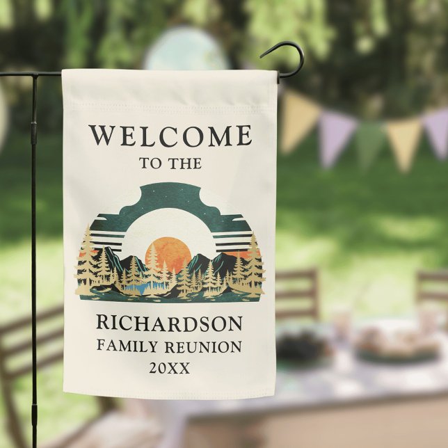 Mountains Forest Sunset Rustic Family Reunion Garden Flag (Garden Flag 12" x 18" to Personalize for a Family Reunion Party)