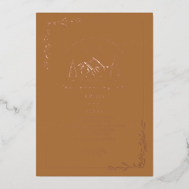 Mountains Goldenrod Wedding Foil Invitation (Front)
