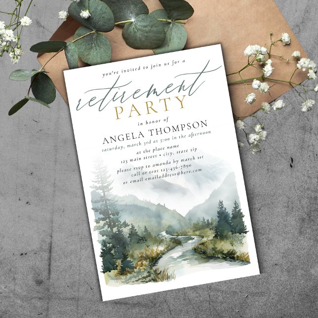 Mountains Green Watercolor Simple Retirement Party Invitation (Creator Uploaded)