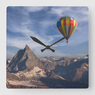 Mountains Hot Air Balloon Matterhorn Swiss Alps Square Wall Clock