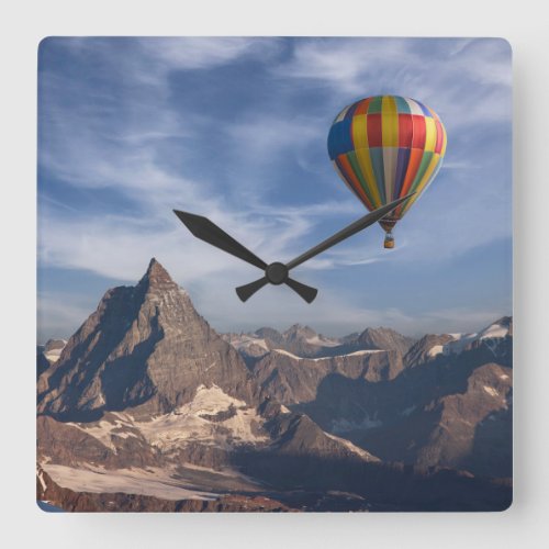 Mountains  Hot Air Balloon Matterhorn Swiss Alps Square Wall Clock