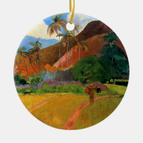 Mountains in Tahiti Gauguin painting warm colorful Ceramic Ornament