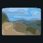MOUNTAINS iPad PRO COVER<br><div class="desc">A bright,  colourful abstract design of a mountain view,  with blue sky,  rock and trees.</div>