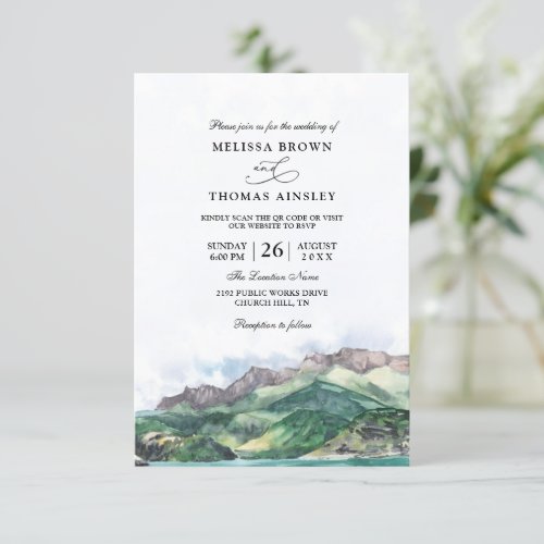 Mountains Lake Elegant Budget QR Code Wedding Invitation