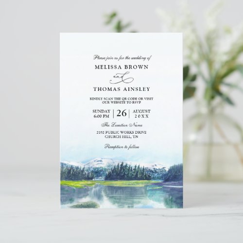 Mountains Lake Forest Budget QR Code Wedding Invitation