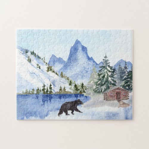 Mountains Lake Trees Cabin Bear Winter Scene Jigsaw Puzzle