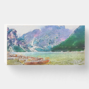 Mountains, lakes, boats wooden box sign