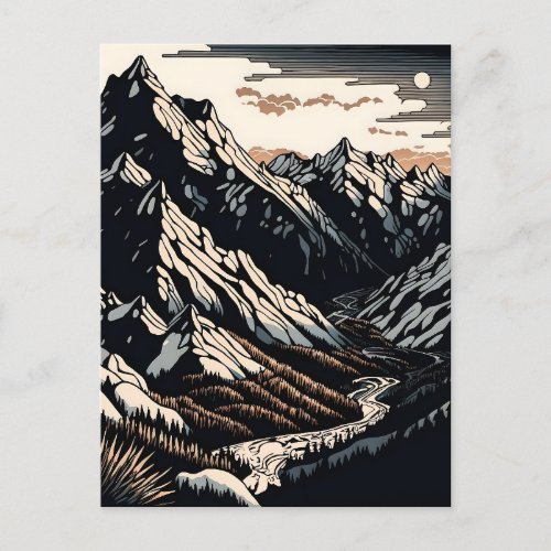 Mountains Landscape Vintage Travel Linocut Art Postcard