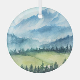 Mountains landscape, watercolor artistic illustrat glass ornament
