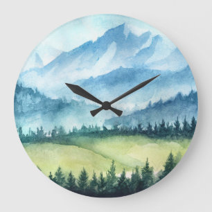 Mountains landscape, watercolor artistic illustrat large clock