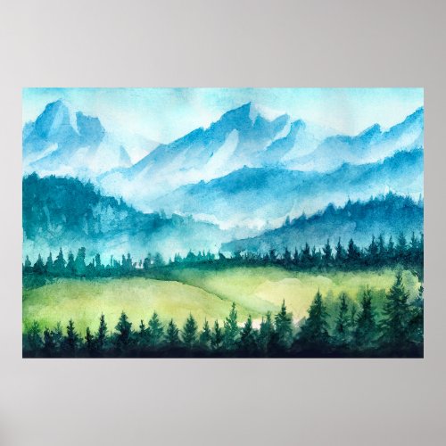 Mountains landscape Watercolor illustration Poster