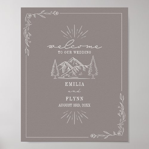 Mountains Line Art Amethyst Wedding Welcome  Poster