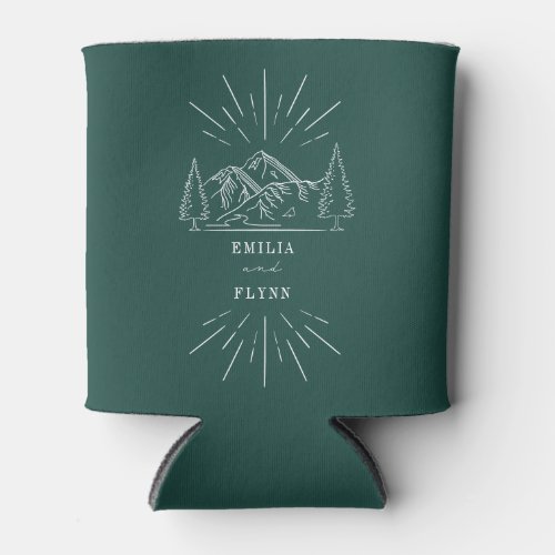 Mountains Line Art Emerald Wedding  Can Cooler