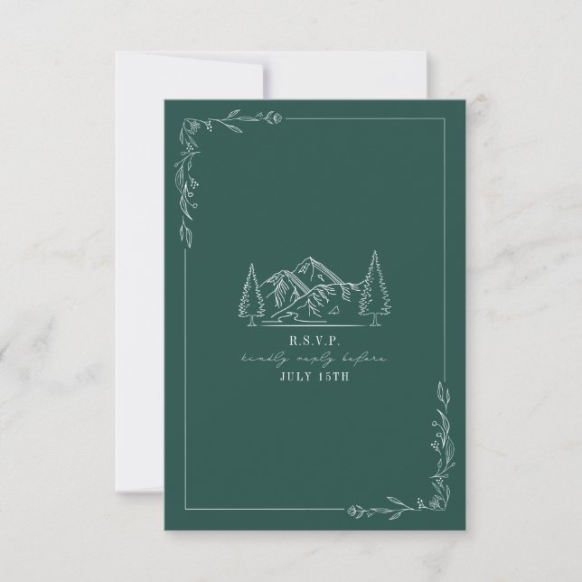 Mountains Line Art Emerald Wedding RSVP Card (Front)