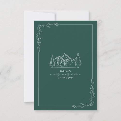 Mountains Line Art Emerald Wedding RSVP Card