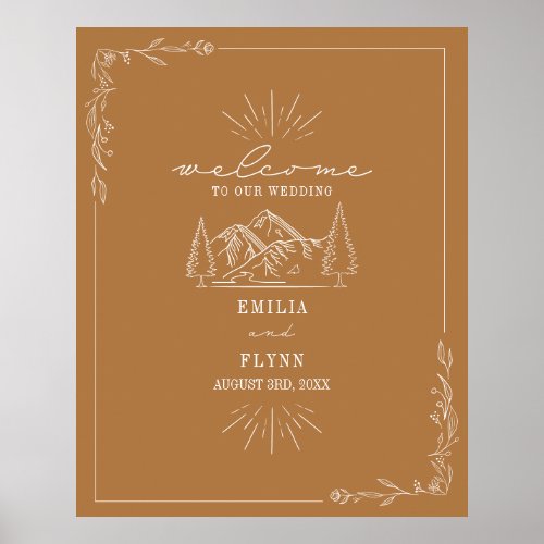 Mountains Line Art Gold Wedding Welcome Poster