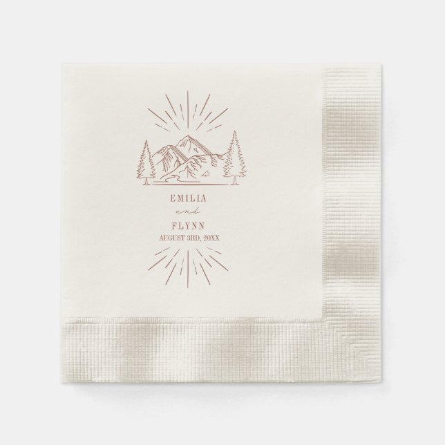 Mountains Line Art Terracotta Wedding Napkins (Front)