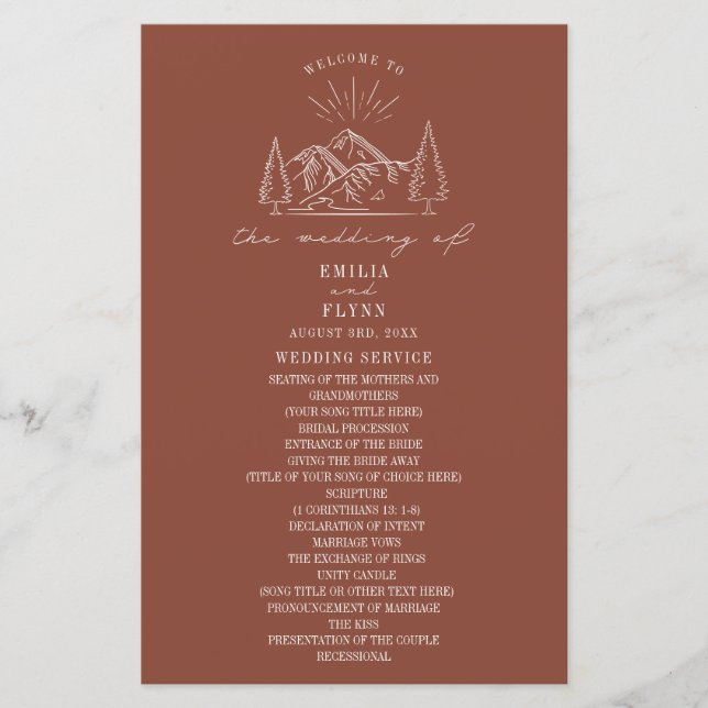 Mountains Line Art Terracotta Wedding Program Hand (Front)
