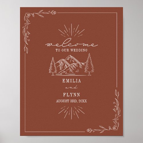 Mountains Line Art Terracotta Wedding Welcome Poster