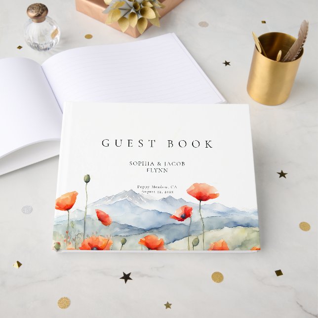 Mountains Meadow Summer Poppies Romantic Guest Book (Front Open)