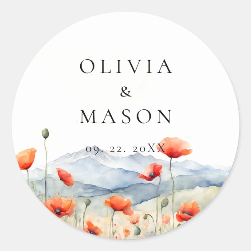 Mountains Meadow Summer Poppies Romantic Wedding Classic Round Sticker