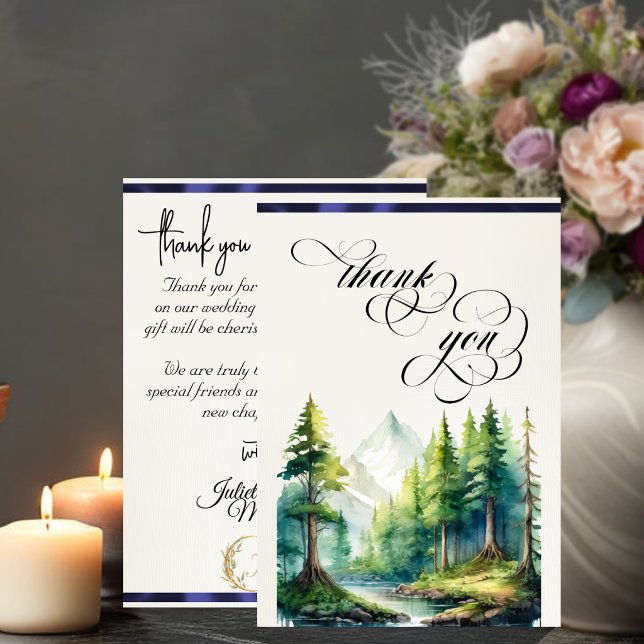 Mountains, Monogram & Calligraphy - Blue Thank You Card (Creator Uploaded)