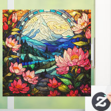 Mountains n Pink Rhododendrons Faux Stained Glass 