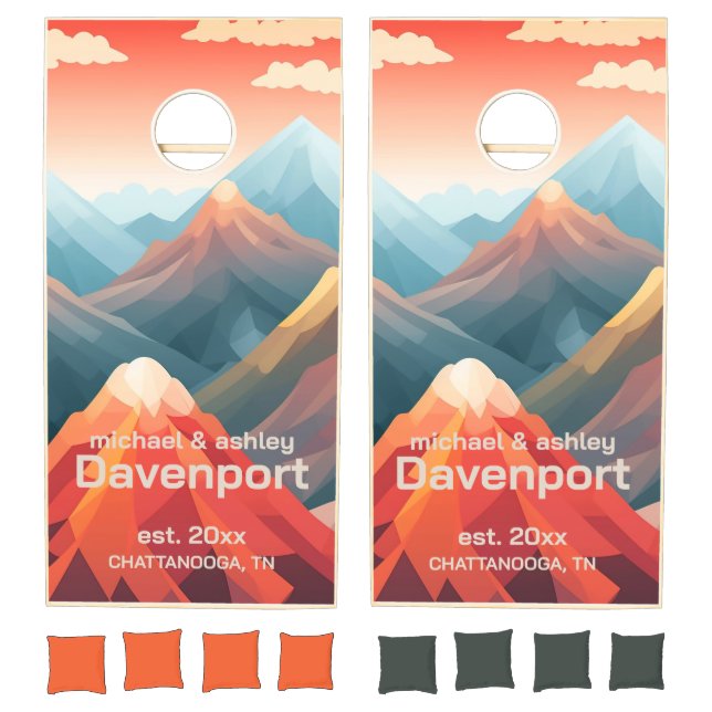 Mountains Name Est. Date City Orange Teal  Cornhole Set (Set)