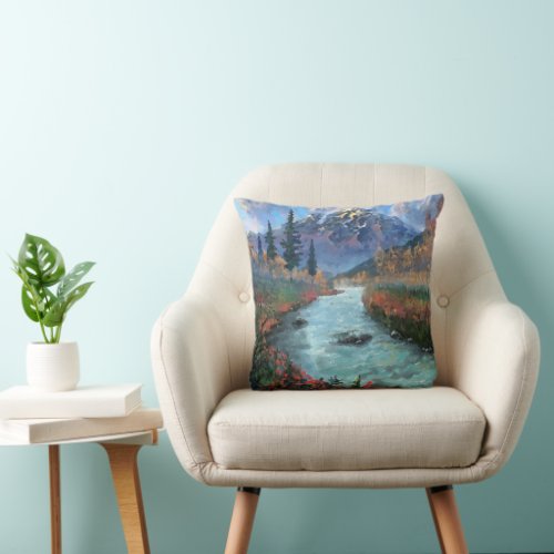 Mountains Nature Creek Autumn Colors Watercolor Throw Pillow