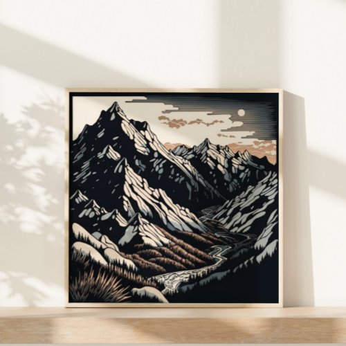 Mountains Nature Landscape Vintage Travel Linocut  Poster