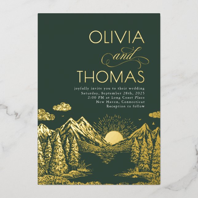 Mountains Nature Sunset Romantic Elegant Wedding Foil Invitation (Front)