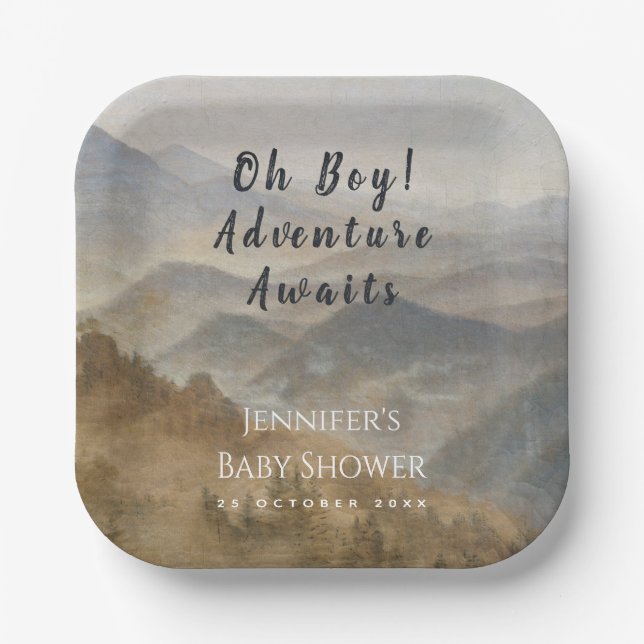 Mountains Oh Boy Adventure Awaits Baby Shower Paper Plates (Front)